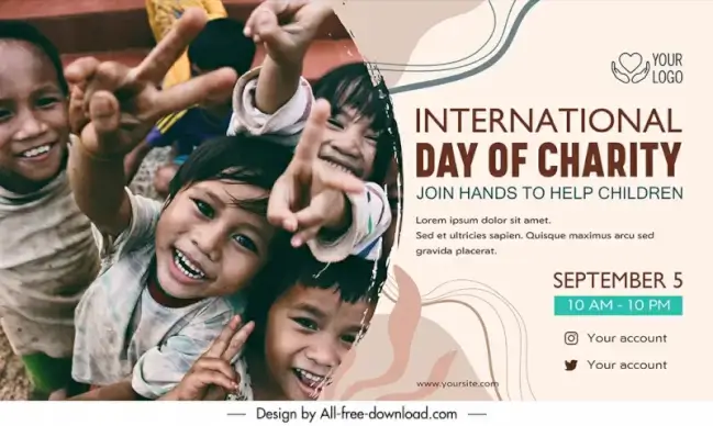 banner international day of charity template joyful poor children sketch dynamic realistic design 