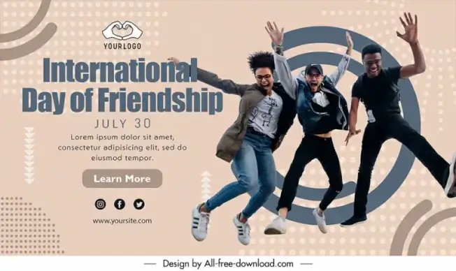banner international day of friendship template dynamic jumping men sketch modern realistic design 