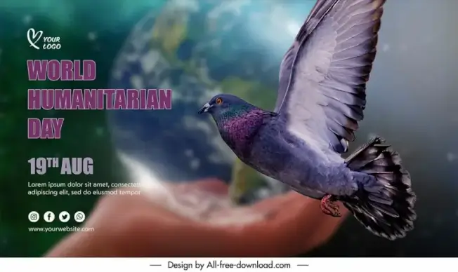 banner international world humanitarian day template hand holding earth pigeon sketch modern blurred realistic design 