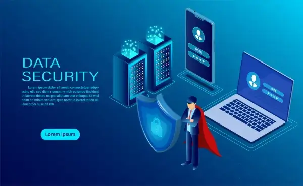 banner with hero protect data and confidentiality on computer and mobile data protection and security are confidential flat isometric vector illustration
