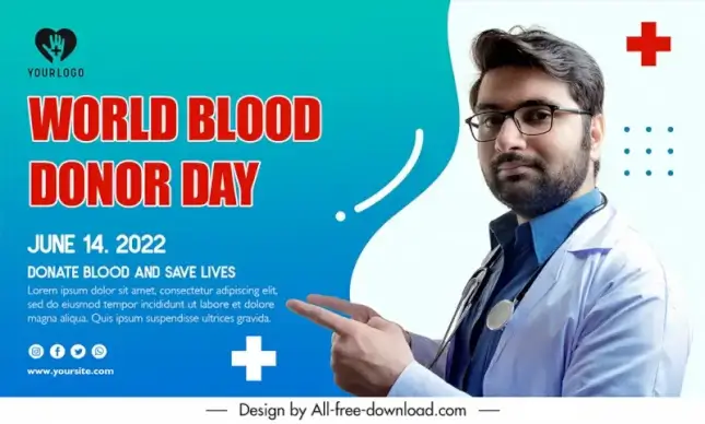 banner world blood donor day template male doctor cross sketch realistic modern design