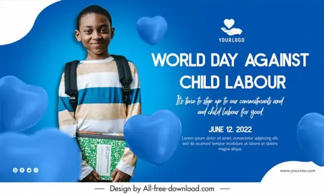 banner world day against child labour template cute black boy 3d hearts sketch realistic design