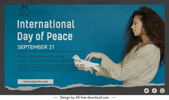 banner world day of peace template woman holding dove sketch modern realistic design 