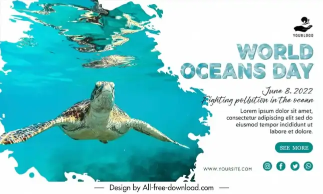 banner world oceans day banner template swimming tortoise sketch realistic design 