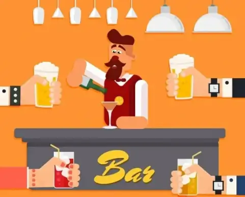 bar background bartender cheering hands icons colored cartoon