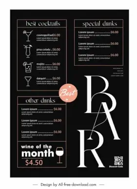bar club menu template dark flat texts beverages layout