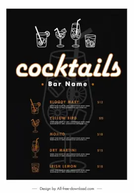 bar club menu template flat beverages dark design