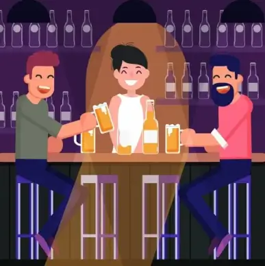 bar drawing joyful guests icons colored cartoon design