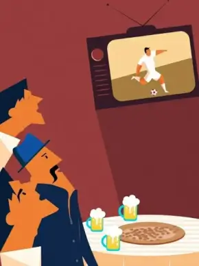 bar life drawing men watching soccer colored cartoon