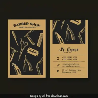 barber shop business card template dark retro tools elements