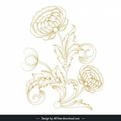 baroque floral ornament design elements handdrawn stylized chrysanthemums outline