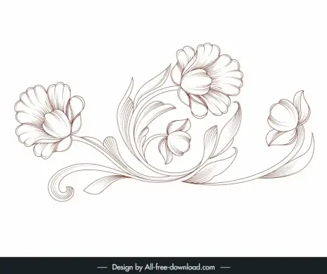 baroque vintage floral ornaments design elements handdrawn stylized peonies outline