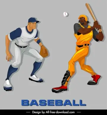 baseball icons colored cartoon characters sketch