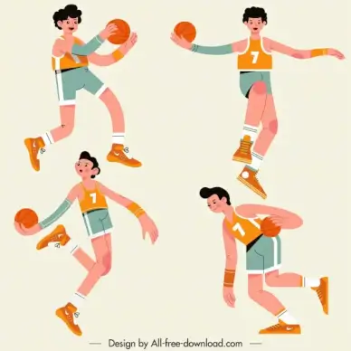 basketball athletes icons cartoon characters motion sketch