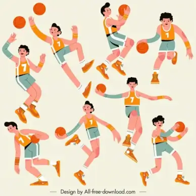 basketball player icons dynamic sketch cartoon characters