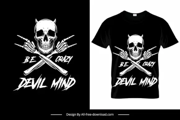 be crazy devil mind tshirt template contrast dark symmetric terrified skull bones sketch