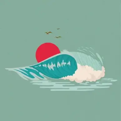 beach drawing wave sun bird icons decoration