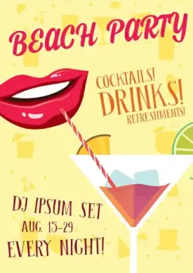 beach party banner design with mouth drinking cocktail