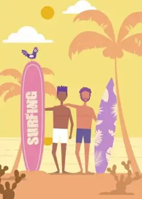 beach recreation background men surfboard icons cartoon design