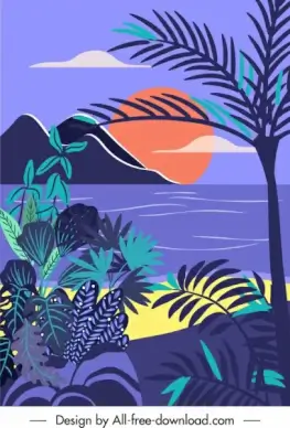beach scene painting dark colorful retro handdrawn design