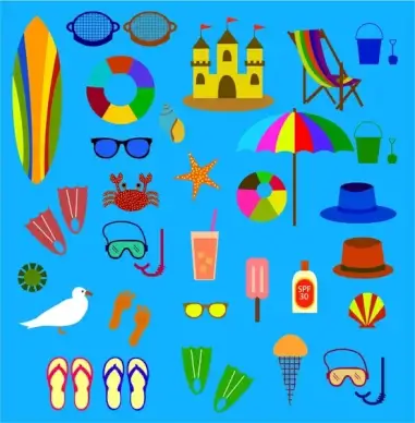 beach symbol icons isolated with various colored types
