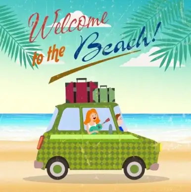 beach trip banner car luggage icon retro design