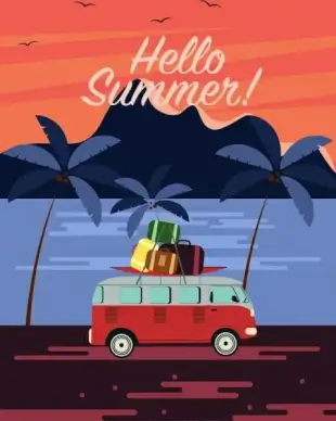 beach vacation banner bus luggage coconut icons decor
