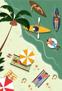 beach vacation drawing recreational people colored cartoon