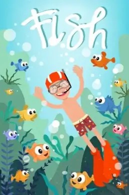 beach vacation drawing snorkeling boy fish icons decor