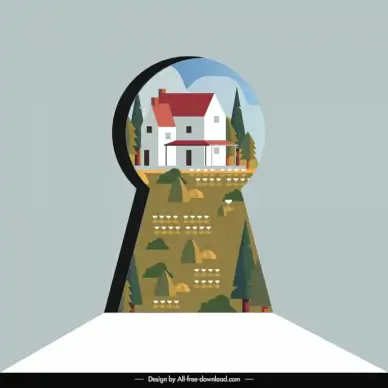 beautiful house through a big keyhole icon elegant flat house trees circle shape design 