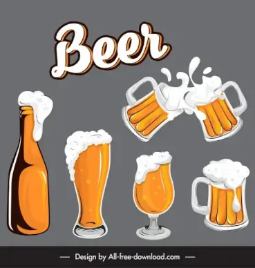 beer design elements foam bottles cups glasses sketch