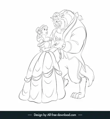 belle beauty and the beast cartoon characters icon black white handdrawn outline