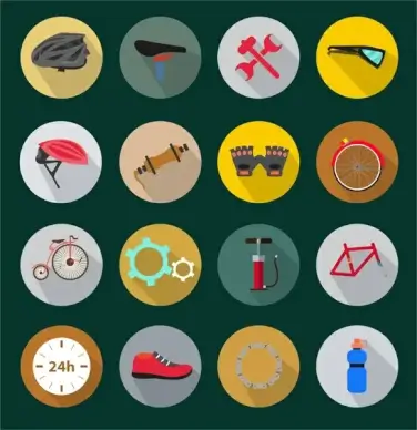 biking tools icons illustration in circle style