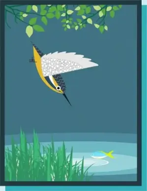 bird hunting fish theme colorful design style