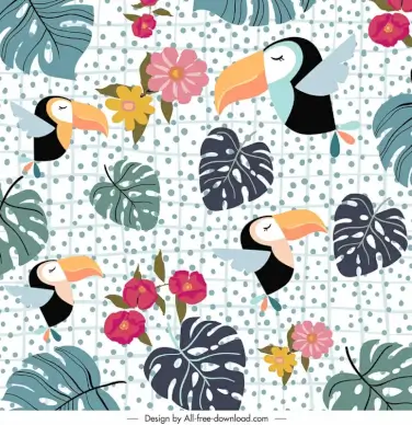 birds and flowers pattern template flat toucan species leaf flora decor