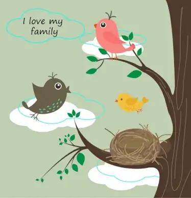 birds family background illustration with text in colors