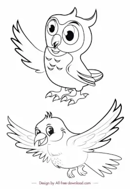 birds icons black white owl dove handdrawn sketch