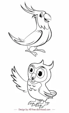 birds species icons black white parrot owl sketch