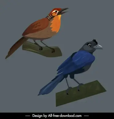 birds species icons raven magpie sketch cartoon design