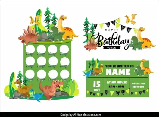 birthday background templates colorful cute dinosaurs characters decor