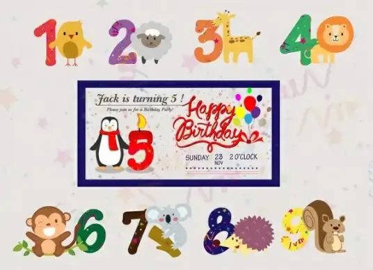 birthday banner vector with cute animals and numbers