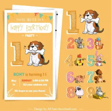 birthday card design elements classic numbers animals sketch