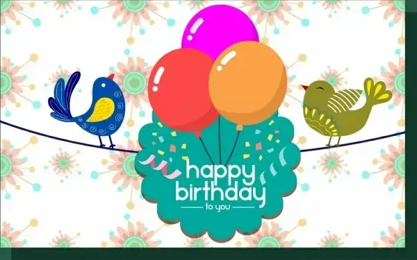 birthday card template colorful birds and balloons decoration