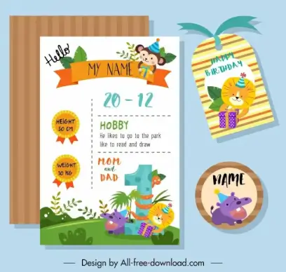 birthday design elements colorful cute animals decor