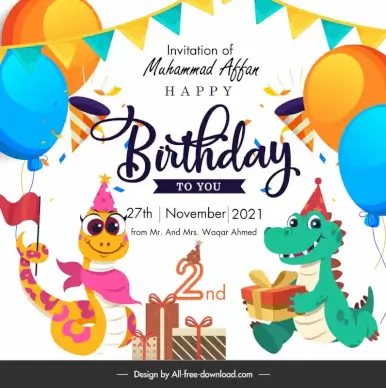 birthday invitation card snake, crocodile stylized cartoon