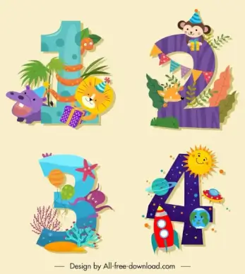birthday number icons cute colorful animals planets decor