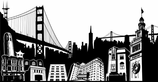 city landmark icons black white silhouette design