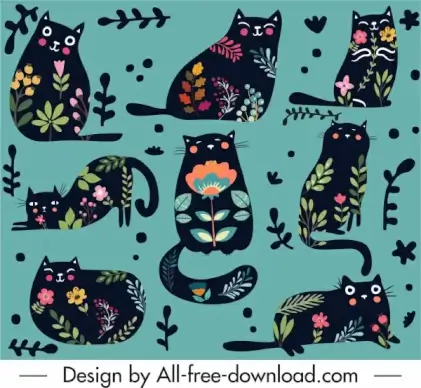 black cats pattern flat design floral decor