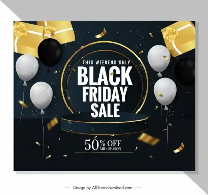 black friday discount poster template modern dynamic balloons confetti gifts 