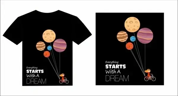 black tshirt template dream style girl planets decor